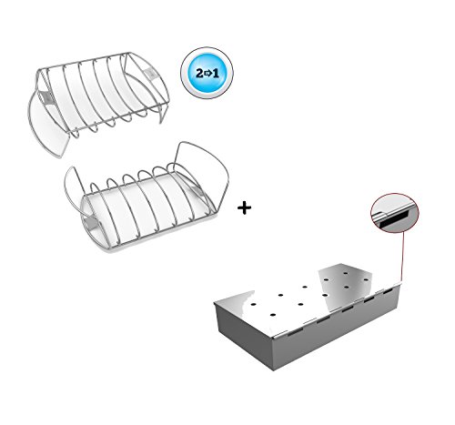 Rib Roast Rack + Smoker Box for BBQ Grill Wood Chips – 25% THICKER STAINLESS STEEL WON’T WARP – Charcoal & Gas Barbecue Meat Smoking with Hinged Lid – Best Grilling Accessories & Utensil Gift for Dad Review