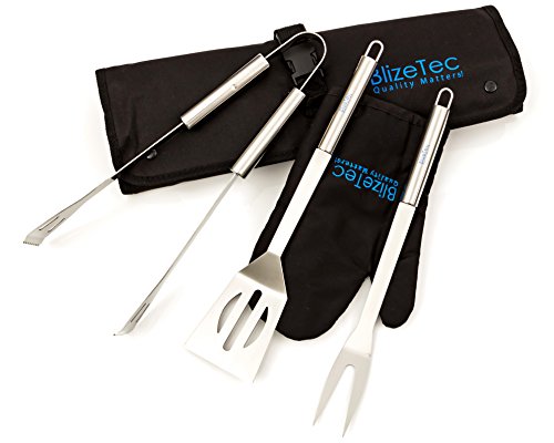 BlizeTec Grilling Tools Set: 3-Piece Stainless Steel BBQ Grill Accessories including a Spatula, Tongs, Fork PLUS Case and Glove
