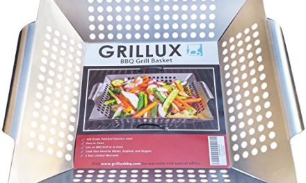 BBQ Vegetable Grill Basket – Use as Wok, Skillet, or Smoker – Durable 430 Grade Stainless Steel – Professional Cookware – Barbeque Fish & Diced Meat – by Grillux