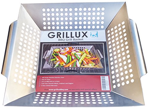 BBQ Vegetable Grill Basket – Use as Wok, Skillet, or Smoker – Durable 430 Grade Stainless Steel – Professional Cookware – Barbeque Fish & Diced Meat – by Grillux