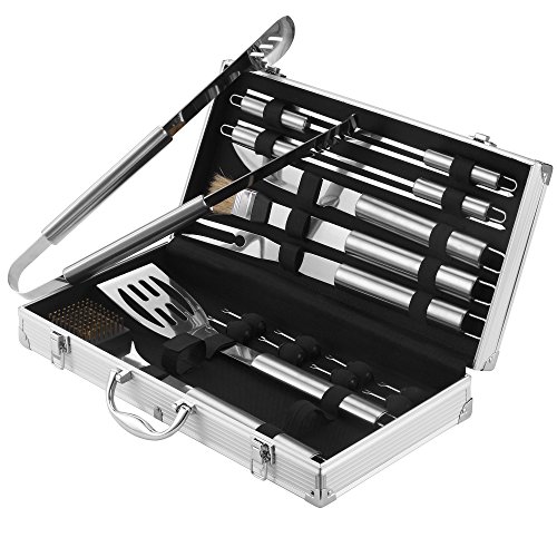VonHaus 18-Piece Stainless Steel BBQ Accessories Tool Set – Includes Aluminum Storage Case for Barbecue Utensils