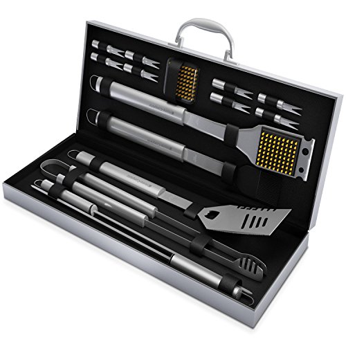 BBQ Grill Tools Set with 16 Barbecue Accessories -Perfect Christmas Gifts Idea -Stainless Steel Utensils with Aluminium Case- Men Complete Outdoor Grilling Kit for Dad