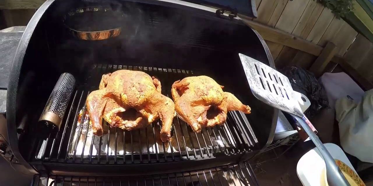 Dualing Chickens cooked on the Camp Chef Smoke Pro pellet cooker