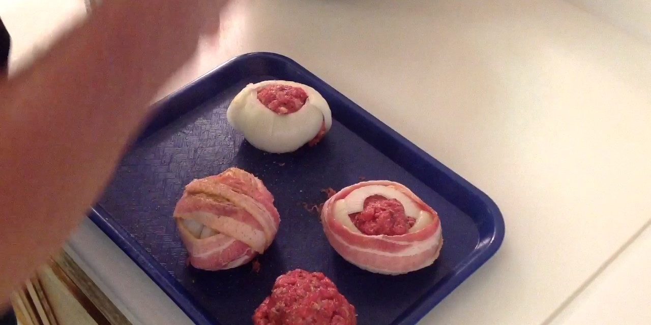 Rec Tec Pellet Grill Spicy Meatballs with Onions Wrapped in Bacon