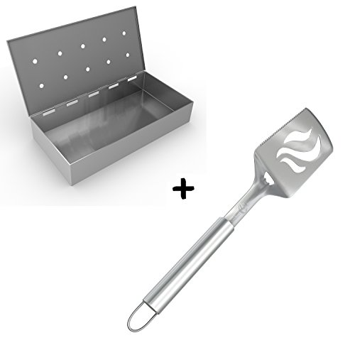BBQ Spatula + Smoker Box for Grill Wood Chips – 25% THICKER STAINLESS STEEL WON’T WARP – Charcoal & Gas Barbecue Meat Smoking with Hinged Lid – Best Grilling Accessories & Utensils Gift for Dad Review